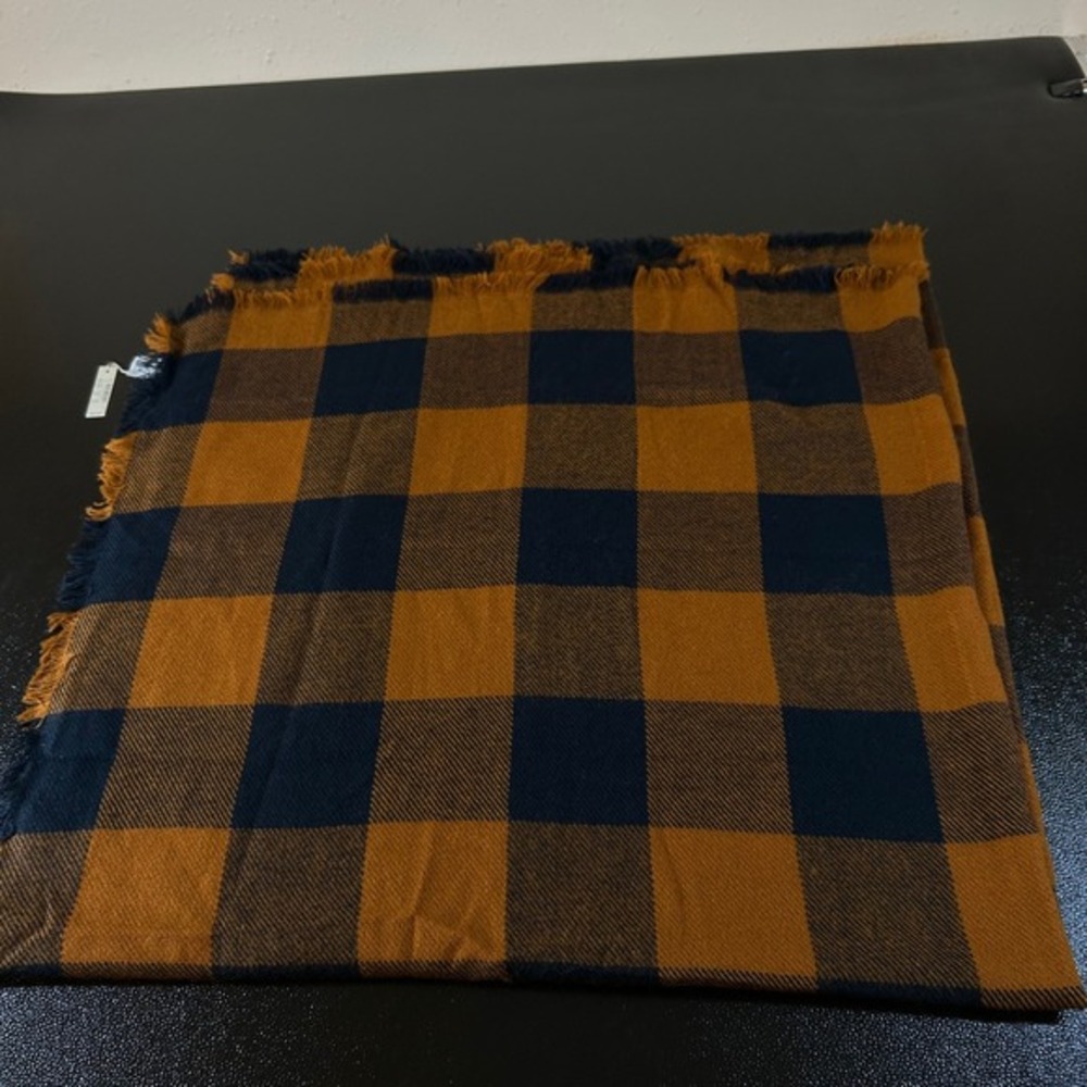Madewell Blanket Scarf Buffalo Plaid Fringe Trim‎ Oversized Brown Navy NWT $59